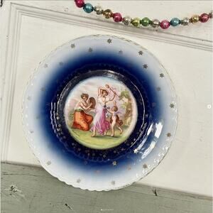 Antique Porcelain Cabinet Plate Flow Blue Hand Painted Cherub Kaufmann Austria